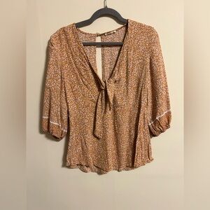 Lovestitch Tan Patterned Blouse with Tie Front